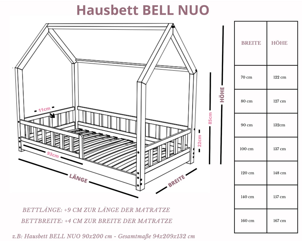 Gesamtmaße Hausbett BELL NUO Gesamtmaße Hausbett BELL NUO